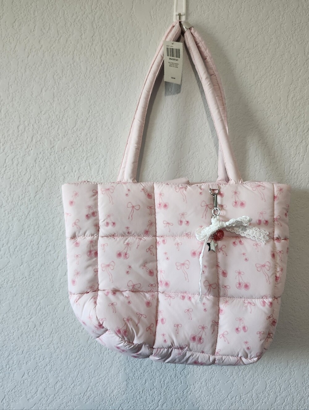 Hot Topic Pink Quilted Cherry Floral Print Tote bag Shoulder Straps Bow Charm